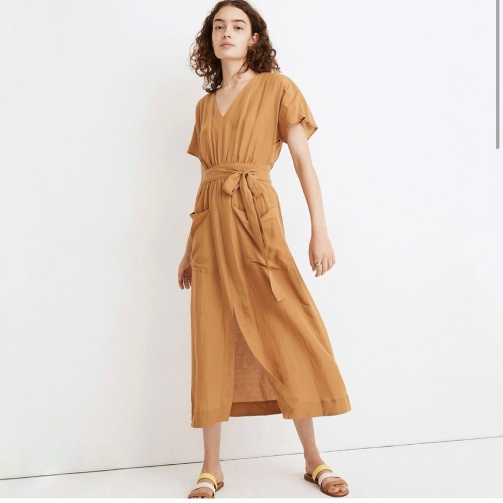 Madewell Linen-Blend Dolman-Sleeve Tie-Waist Midi Dress Size 6